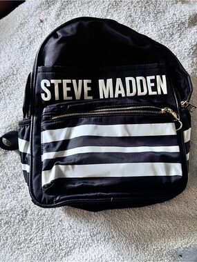 Steve Madden Black and White Striped Logo Backpack